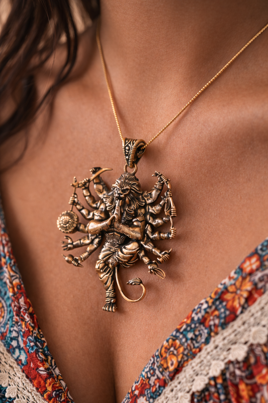 Half-Man Half-Lion Deity Pendant - Narasimha Pendant with Chain