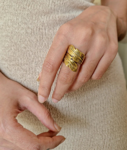 Feather wrap boho adjustable brass ring