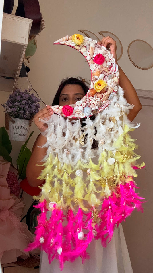 Pink Yellow  Moon Flora Dreamcatcher