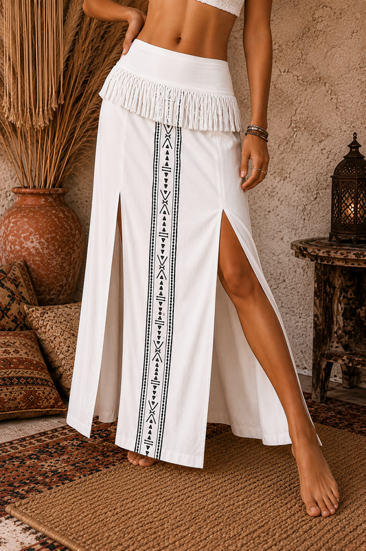 Zariya Fringe White Slit Skirt