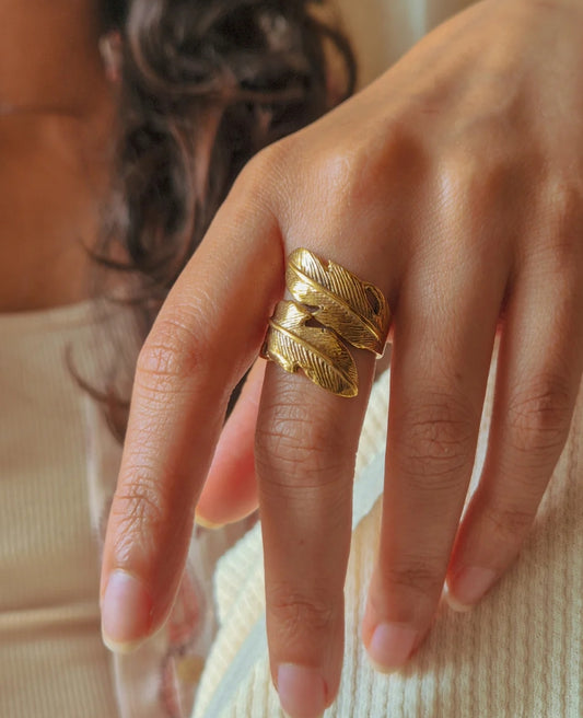 Feather wrap boho adjustable brass ring