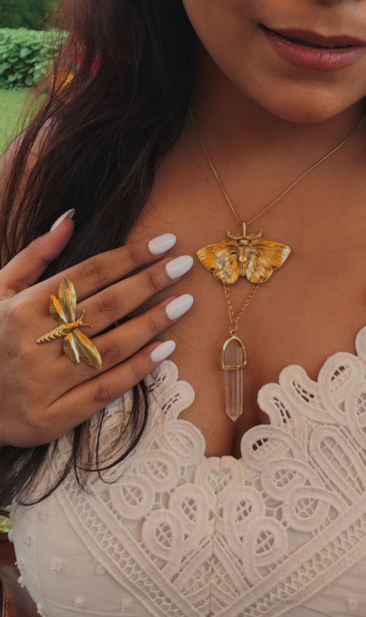 Golden Moth Crystal Pendant Necklace