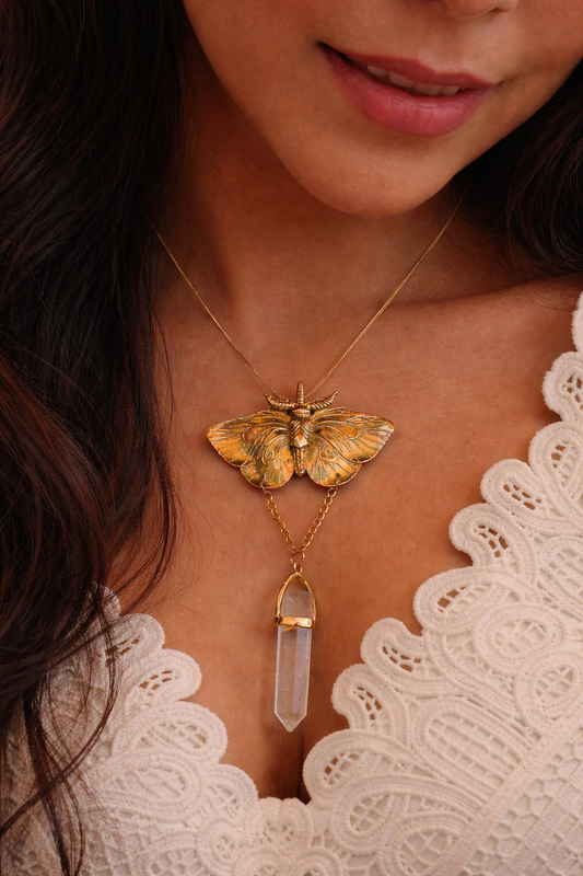 Golden Moth Crystal Pendant Necklace