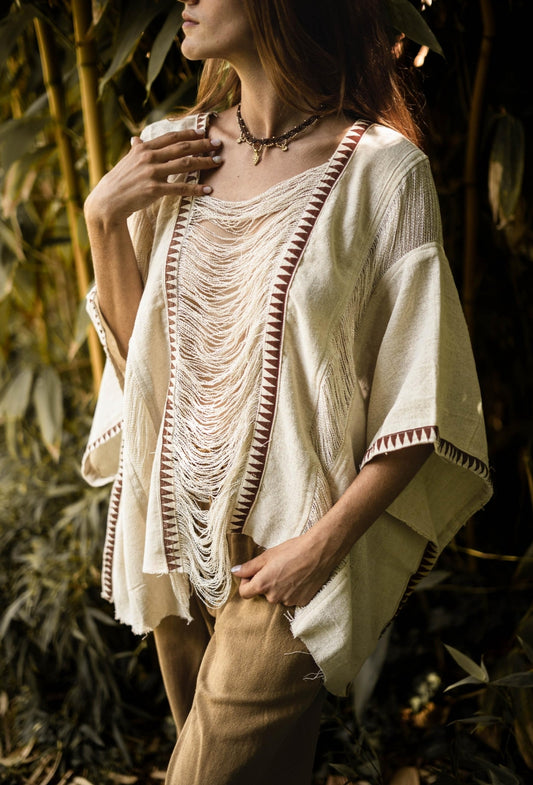 Frayed Poncho Top White