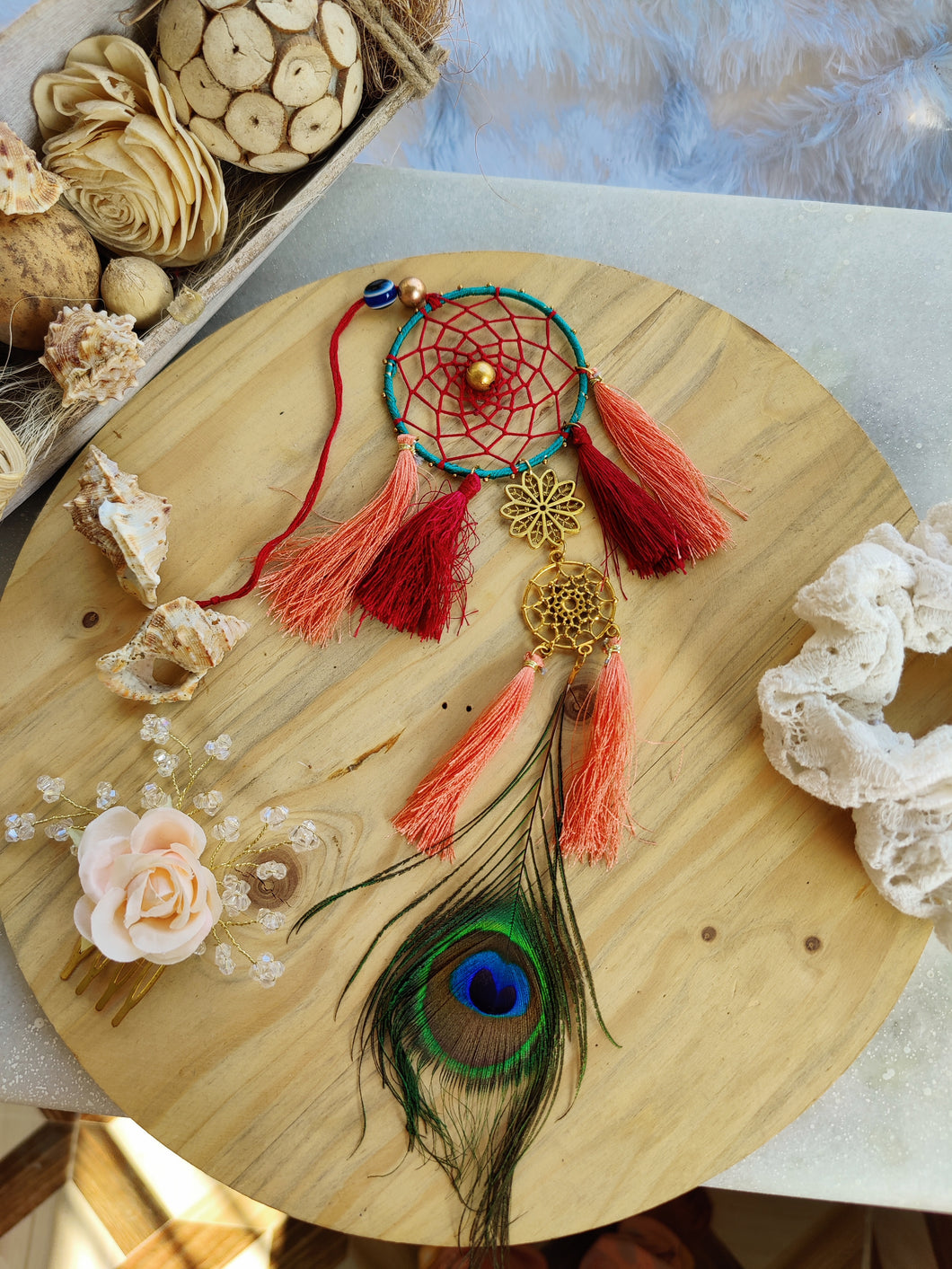 Coral Peacock Car Hanging  Dreamcatcher